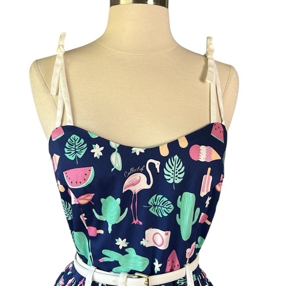 COLLECTIF Jade Summer Flamingo Swing Dress in Navy NWT Size XS - Picture 11 of 15